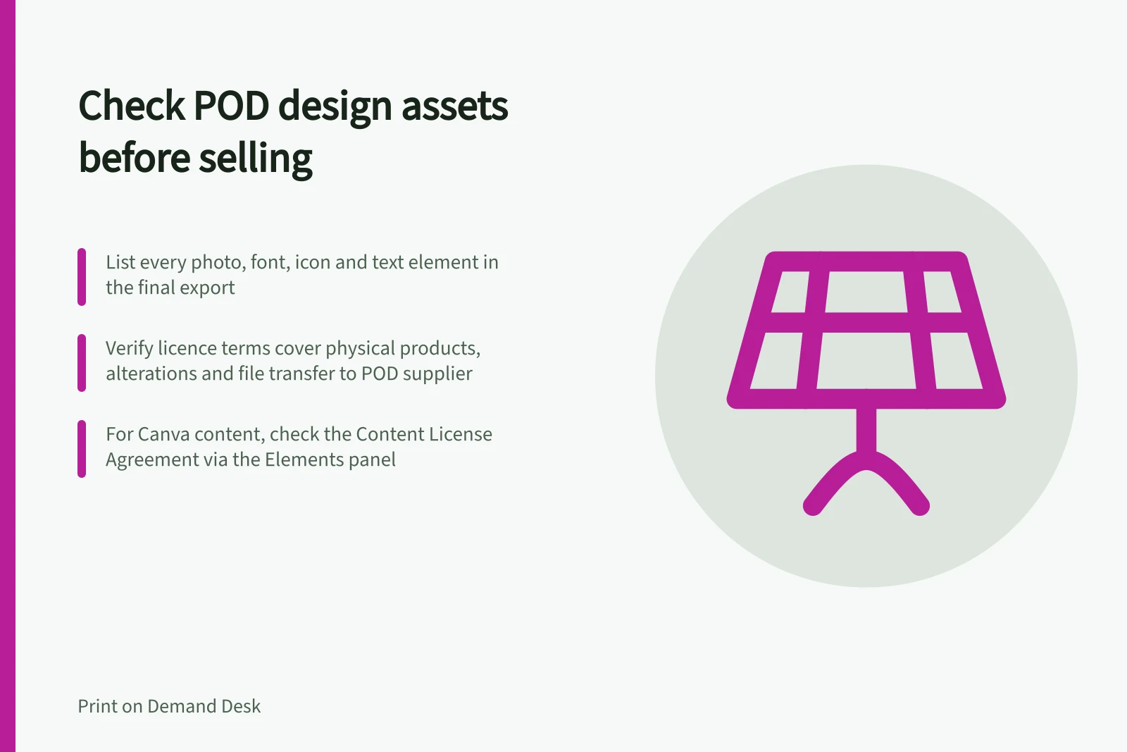 Check POD design assets before selling: List every photo, font, icon and text element in the final export; Verify licence terms cover physical products, alterations and file transfer to POD supplier; For Canva content, check the Content License Agreement via the Elements panel