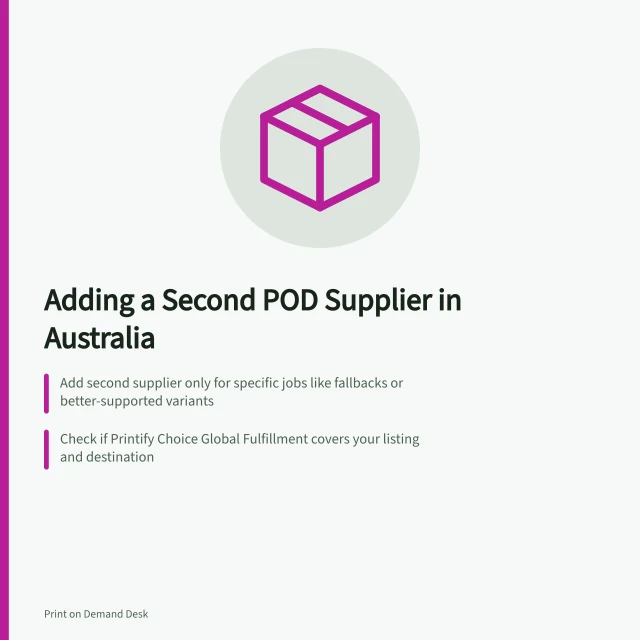 Adding a Second POD Supplier in Australia: Add second supplier only for specific jobs like fallbacks or better-supported variants; Check if Printify Choice Global Fulfillment covers your listing and destination; Gelato’s dynamic assignment means no fixed Australian production location. Comparing a second supplier with the current fulfilment setup