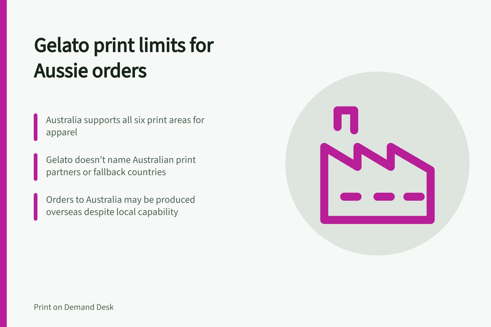 Gelato print limits for Aussie orders: Australia supports all six print areas for apparel; Gelato doesn’t name Australian print partners or fallback countries; Orders to Australia may be produced overseas despite local capability