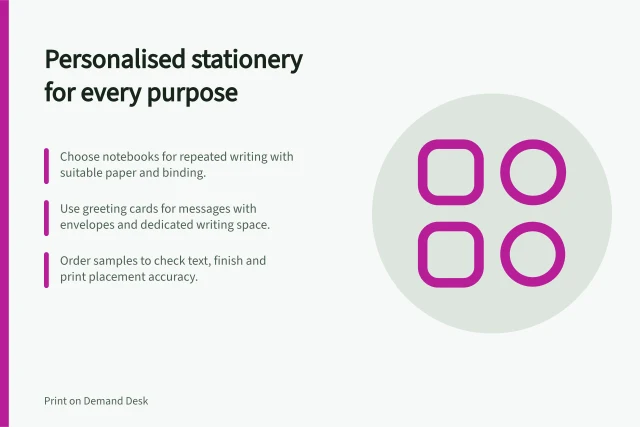 Personalised stationery for every purpose: Choose notebooks for repeated writing with suitable paper and binding.; Use greeting cards for messages with envelopes and dedicated writing space.; Order samples to check text, finish and print placement accuracy. Personalised stationery options for specific uses