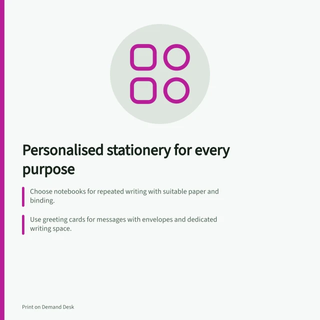 Personalised stationery for every purpose: Choose notebooks for repeated writing with suitable paper and binding.; Use greeting cards for messages with envelopes and dedicated writing space.; Order samples to check text, finish and print placement accuracy. Personalised stationery options for specific uses
