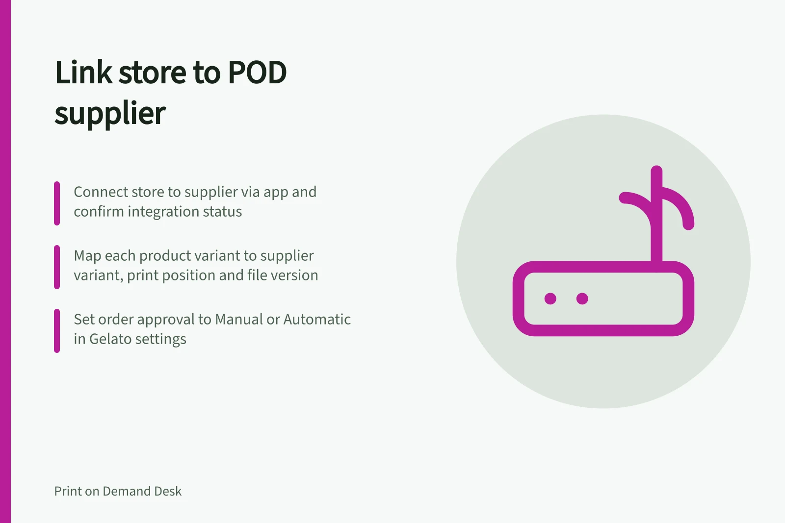 Link store to POD supplier: Connect store to supplier via app and confirm integration status; Map each product variant to supplier variant, print position and file version; Set order approval to Manual or Automatic in Gelato settings