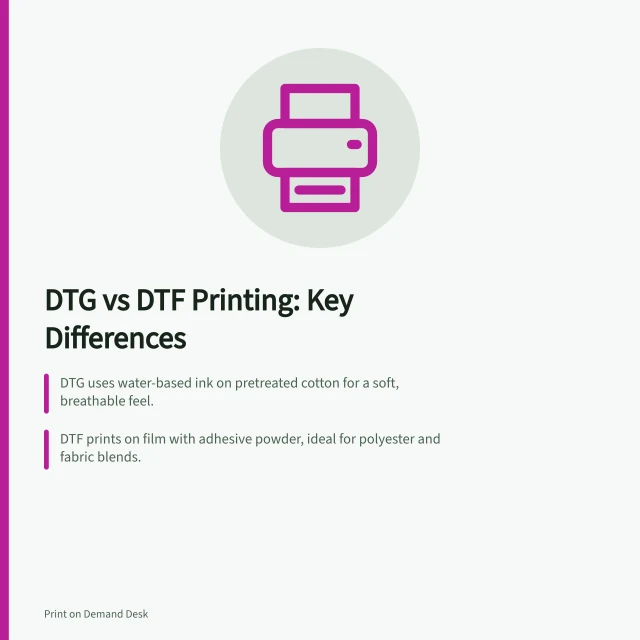 DTG vs DTF Printing: Key Differences: DTG uses water-based ink on pretreated cotton for a soft, breathable feel.; DTF prints on film with adhesive powder, ideal for polyester and fabric blends.; Check your POD supplier supports the method on your exact blank type. Direct-to-garment versus direct-to-film printing