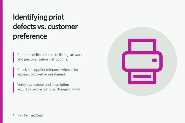 Identifying print defects vs. customer preference: Compare delivered item to listing, artwork and personalisation instructions.; Check for supplier tolerance when print appears crooked or misaligned.; Verify size, colour and description accuracy before ruling as change of mind. Distinguishing print defects from customer preference returns