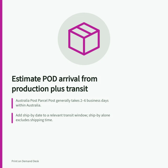 Estimate POD arrival from production plus transit: Australia Post Parcel Post generally takes 2–6 business days within Australia.; Add ship-by date to a relevant transit window; ship-by alone excludes shipping time.; Production 3–5 business days plus transit 2–4 gives a 5–9 business day range. Estimating delivery from production plus transit time