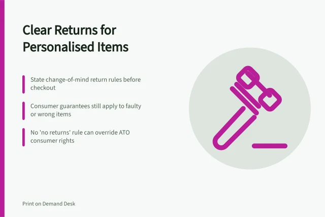 Clear Returns for Personalised Items: State change-of-mind return rules before checkout; Consumer guarantees still apply to faulty or wrong items; No 'no returns' rule can override ATO consumer rights. Explaining personalised product return conditions clearly