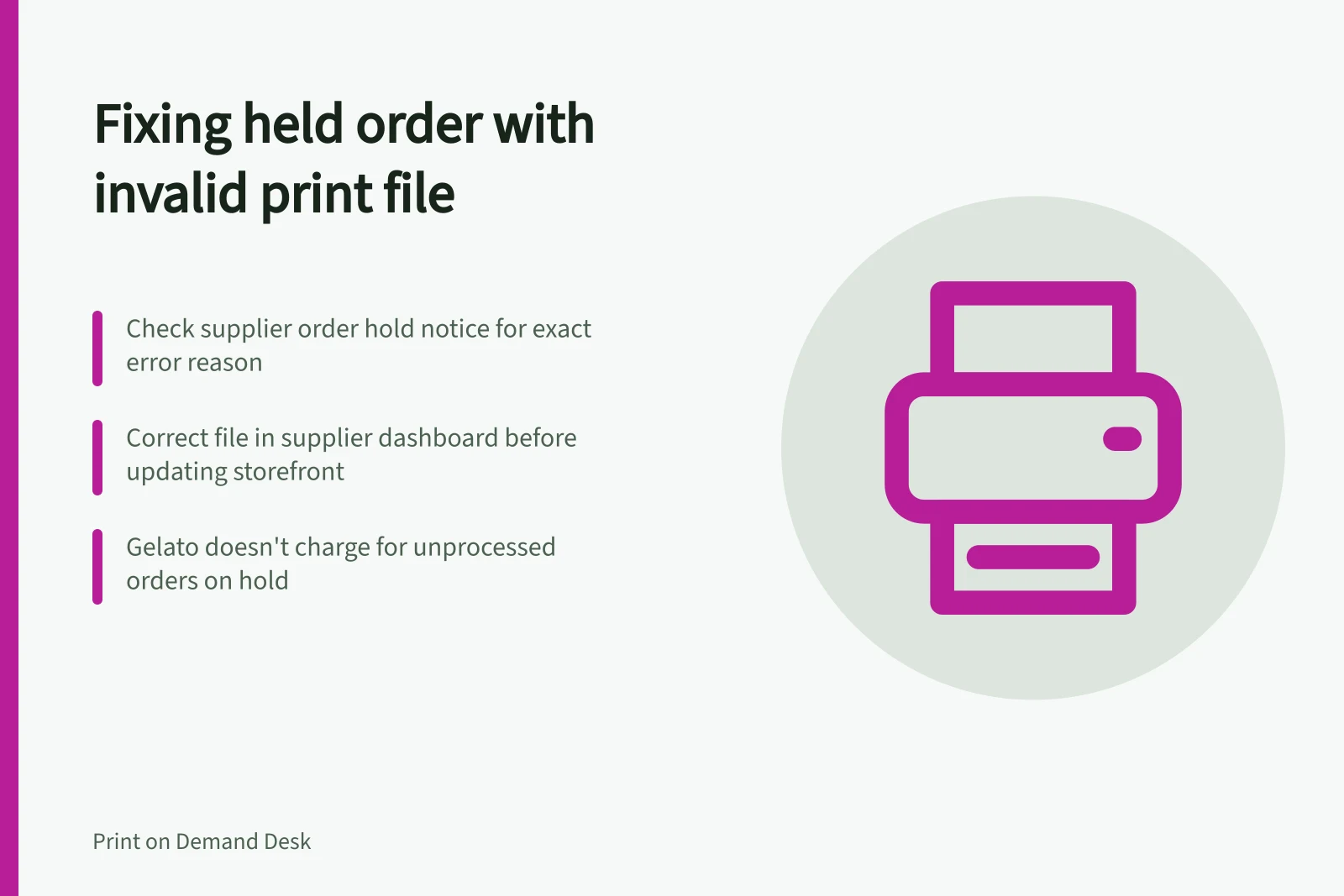 Fixing held order with invalid print file: Check supplier order hold notice for exact error reason; Correct file in supplier dashboard before updating storefront; Gelato doesn't charge for unprocessed orders on hold