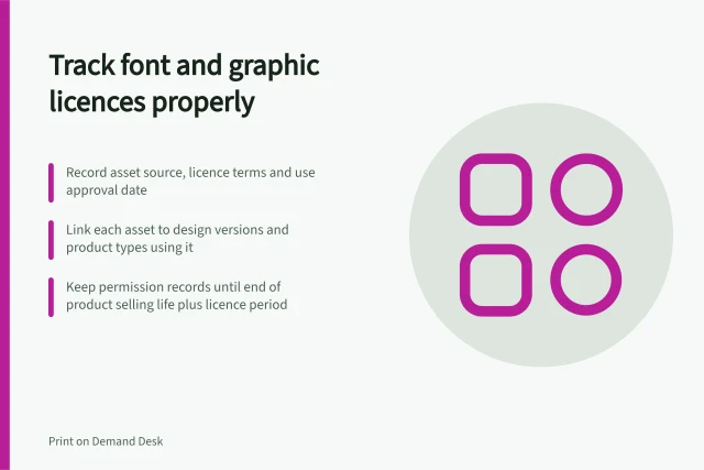 Track font and graphic licences properly: Record asset source, licence terms and use approval date; Link each asset to design versions and product types using it; Keep permission records until end of product selling life plus licence period. Keeping a record of font and graphic licences