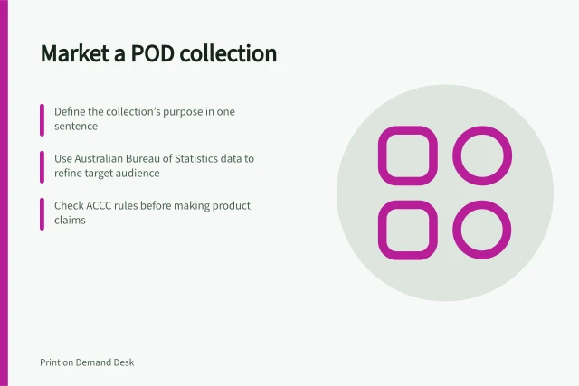 Market a POD collection: Define the collection’s purpose in one sentence; Use Australian Bureau of Statistics data to refine target audience; Check ACCC rules before making product claims. Marketing a POD collection