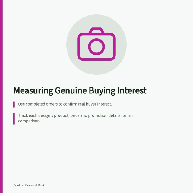 Measuring Genuine Buying Interest: Use completed orders to confirm real buyer interest.; Track each design's product, price and promotion details for fair comparison.; Compare results within the same period and channel conditions. Measuring which designs receive genuine buying interest