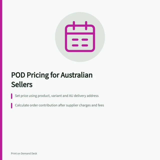 POD Pricing for Australian Sellers: Set price using product, variant and AU delivery address; Calculate order contribution after supplier charges and fees; Check customer-facing total complies with ACCC Price Displays Guidelines. POD product pricing