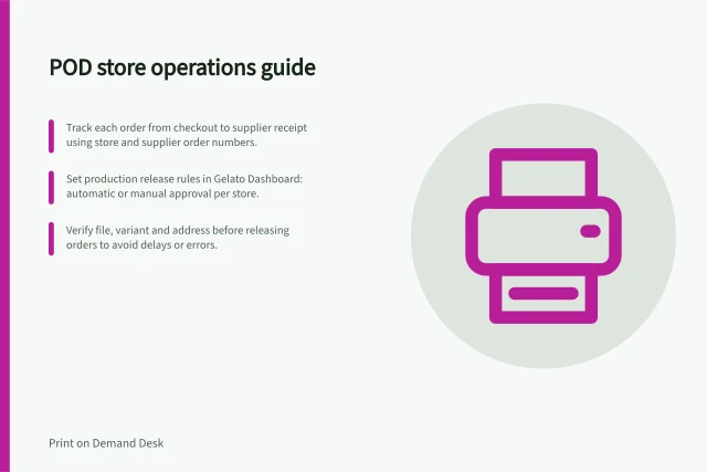 POD store operations guide: Track each order from checkout to supplier receipt using store and supplier order numbers.; Set production release rules in Gelato Dashboard: automatic or manual approval per store.; Verify file, variant and address before releasing orders to avoid delays or errors. POD store operations