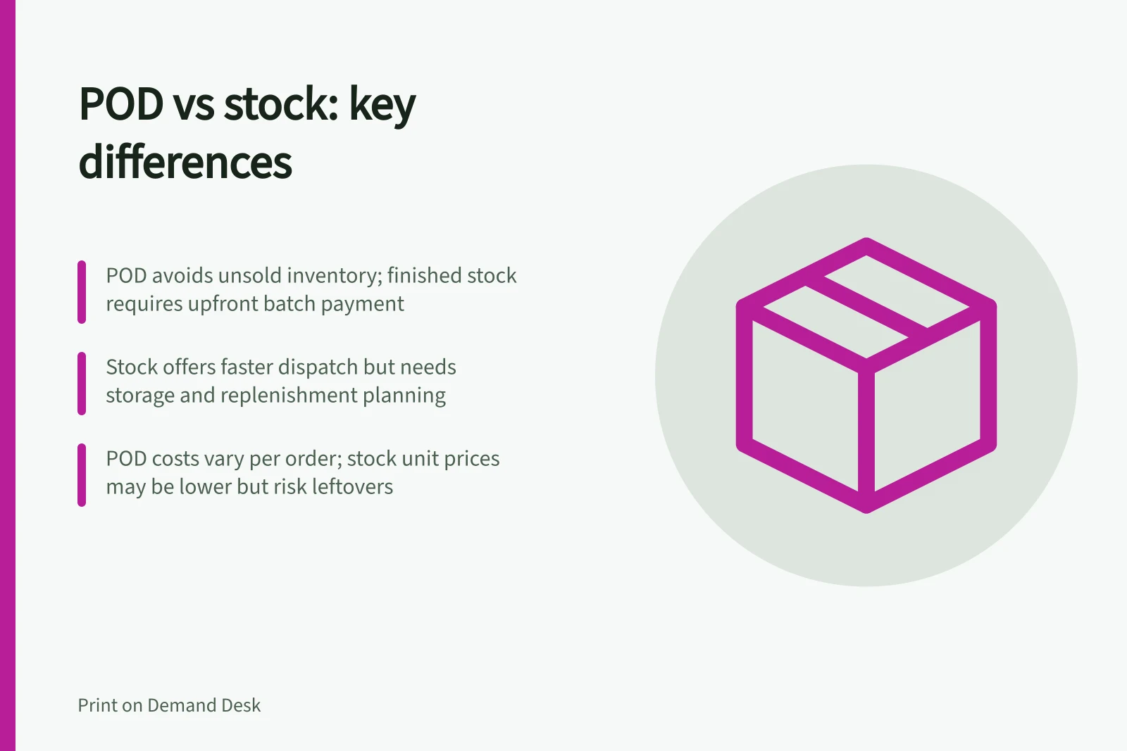 POD vs stock: key differences: POD avoids unsold inventory; finished stock requires upfront batch payment; Stock offers faster dispatch but needs storage and replenishment planning; POD costs vary per order; stock unit prices may be lower but risk leftovers