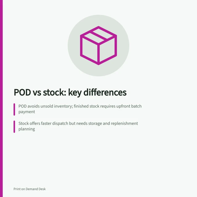 POD vs stock: key differences: POD avoids unsold inventory; finished stock requires upfront batch payment; Stock offers faster dispatch but needs storage and replenishment planning; POD costs vary per order; stock unit prices may be lower but risk leftovers. Print-on-demand versus holding finished stock