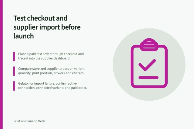 Test checkout and supplier import before launch: Place a paid test order through checkout and trace it into the supplier dashboard.; Compare store and supplier orders on variant, quantity, print position, artwork and charges.; Gelato: for import failure, confirm active connection, connected variants and paid order. Testing order submission before a public launch